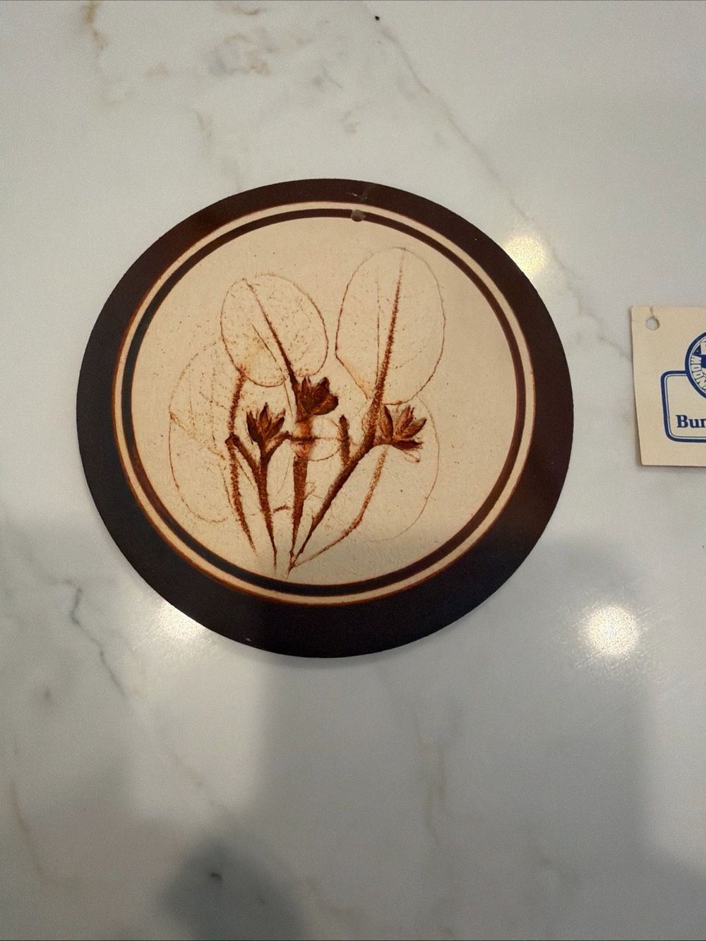 Blue Moon Bun Bread Warmer Pottery Disc 5” Hancrafted USA Pressed Flower Design